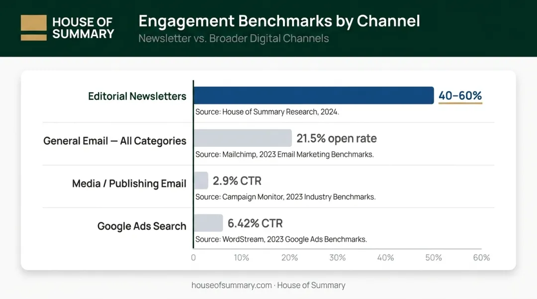 Newsletter versus email versus Google Ads engagement benchmark comparison chart