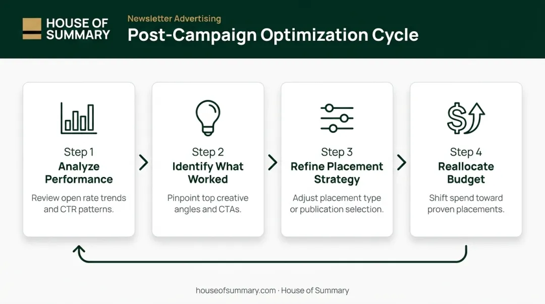 Four-step newsletter advertising campaign optimization process flow infographic