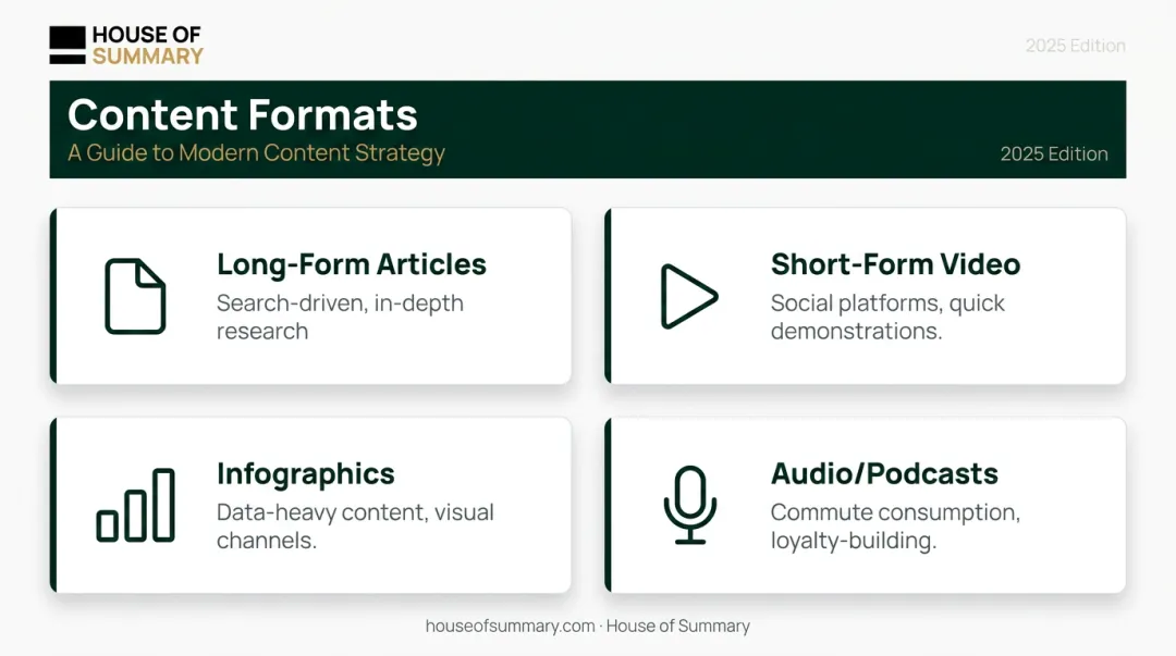 Four content format types mapped to audience habits and distribution channels