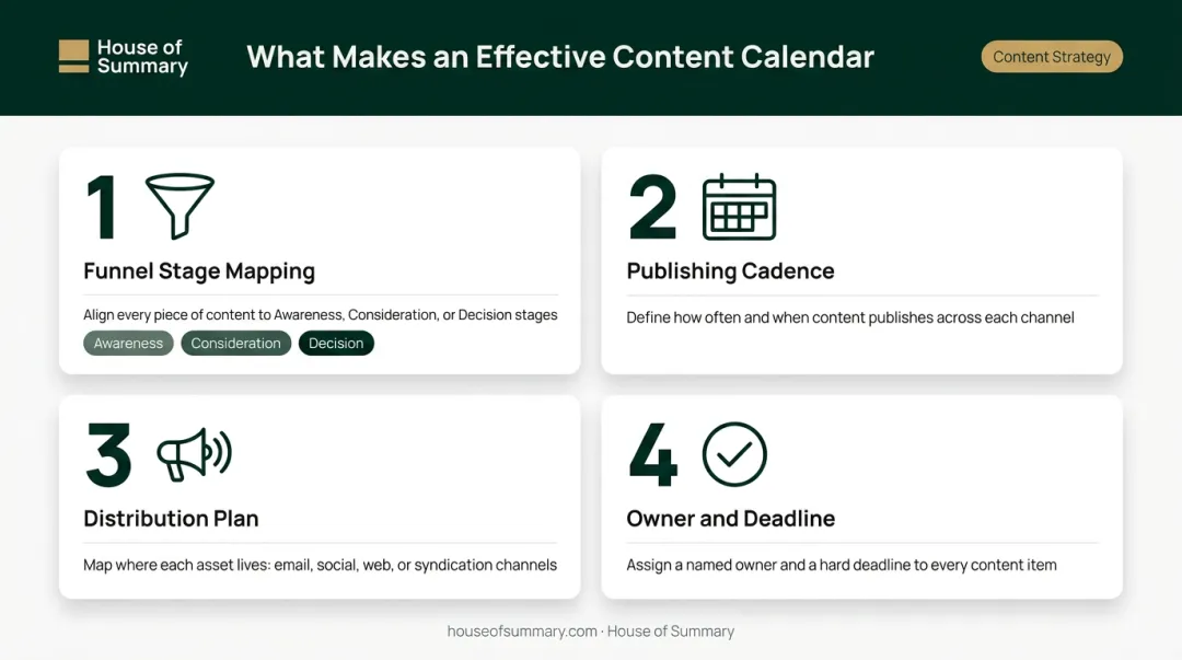 Content calendar framework mapping topics funnel stages channels and owners