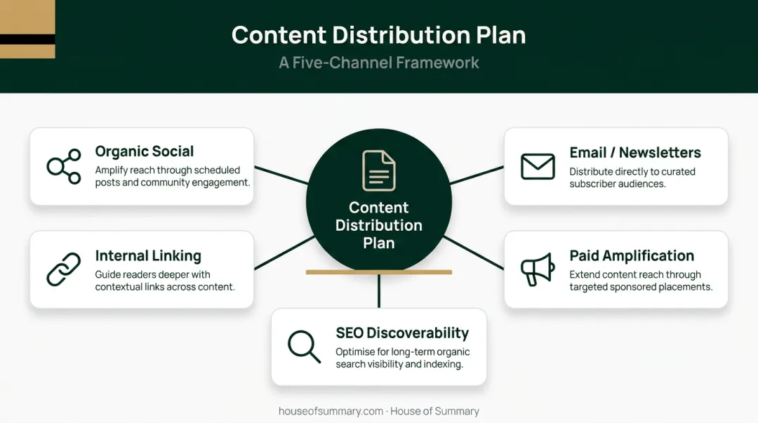 Five-channel content distribution promotion framework from social to paid amplification