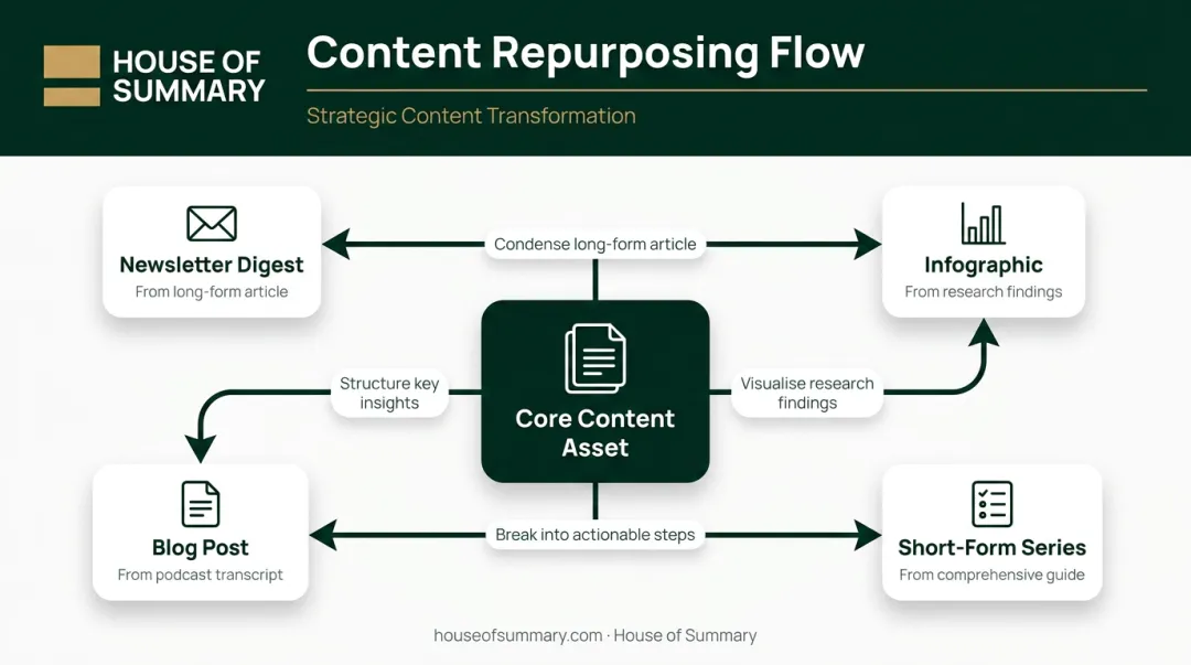 Content repurposing workflow showing four transformation paths from original asset
