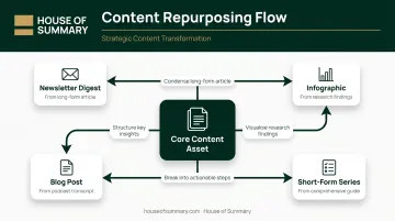 Content repurposing workflow showing four transformation paths from original asset