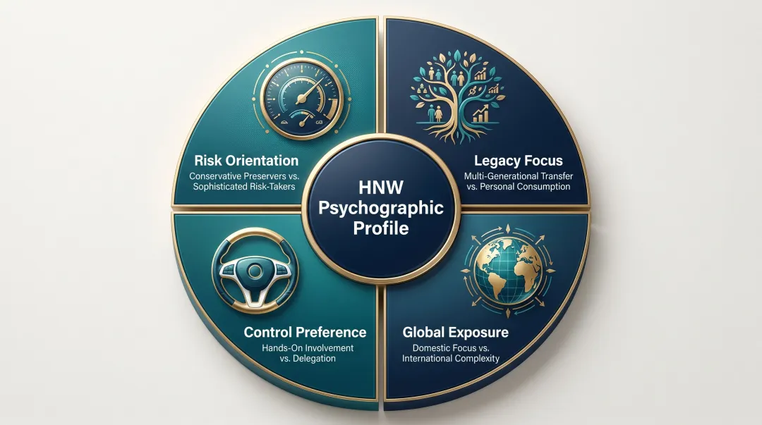 Four HNW psychographic segmentation dimensions risk legacy control and global exposure