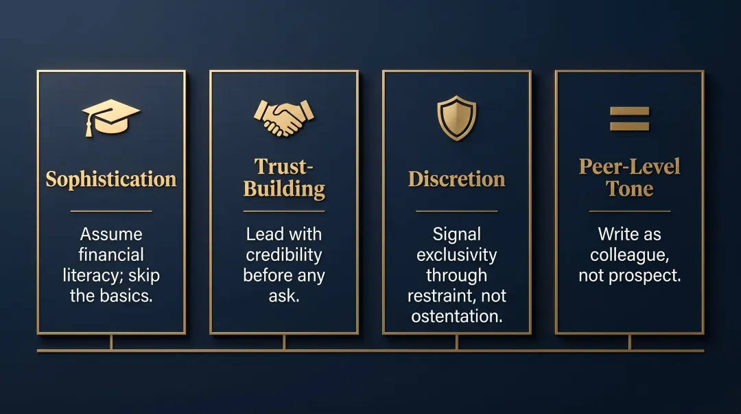 Four pillars of HNW finance storytelling sophistication trust discretion and peer tone