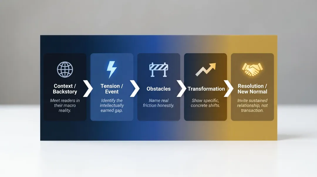 Five-step HNW finance storytelling framework from context to resolution process flow