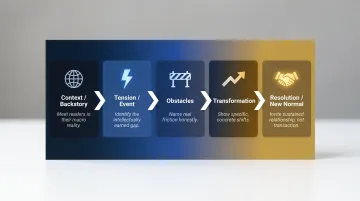 Five-step HNW finance storytelling framework from context to resolution process flow