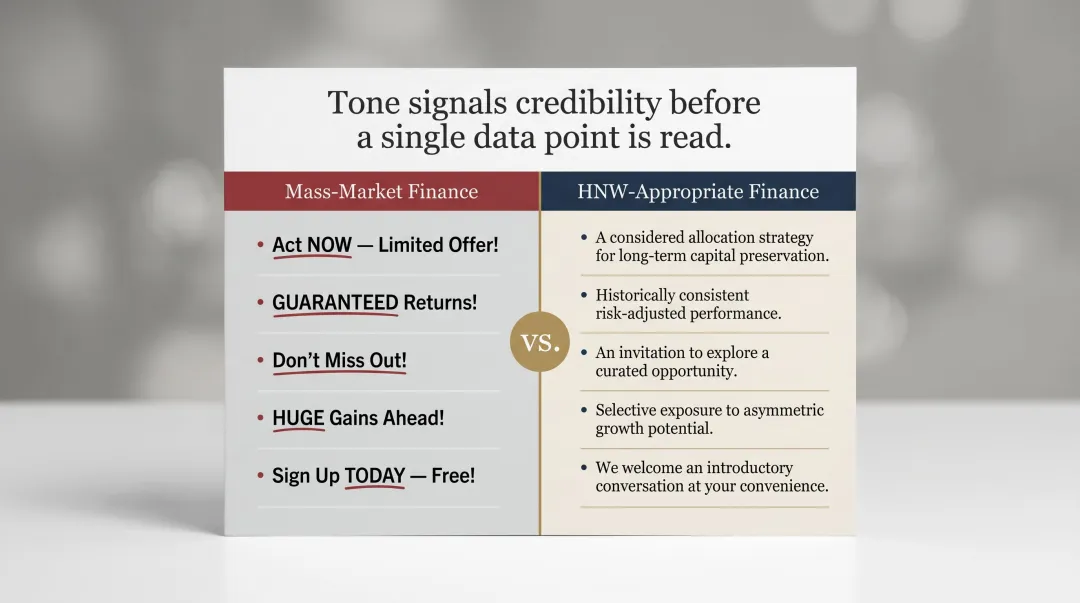 Mass-market versus HNW-appropriate finance communication language comparison infographic