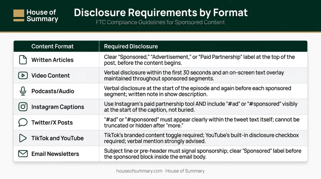 FTC disclosure requirements by content format platform comparison chart