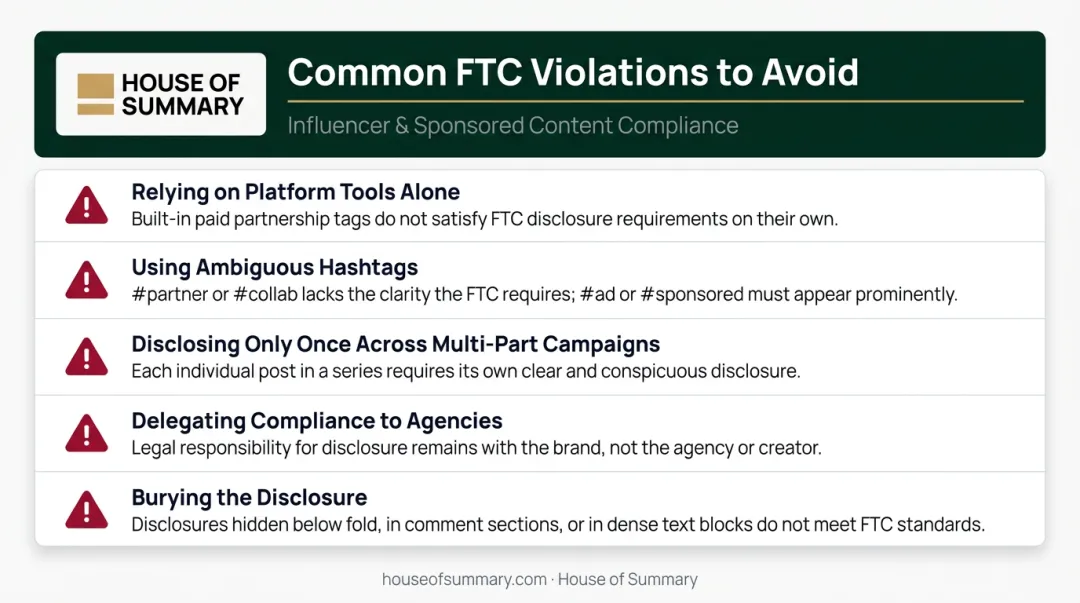 Five common FTC sponsored content disclosure violations and compliance mistakes infographic