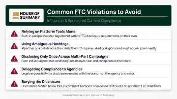 Five common FTC sponsored content disclosure violations and compliance mistakes infographic