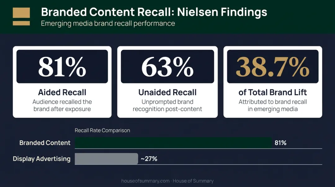Branded content recall statistics showing aided unaided recall and brand lift percentages