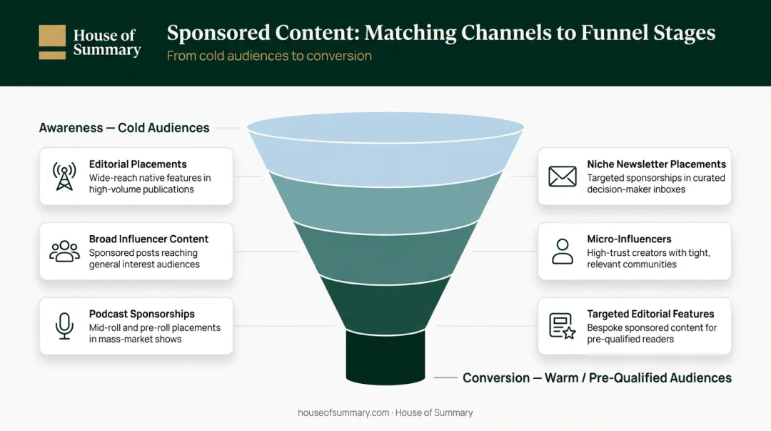 D2C sponsored content funnel strategy mapping awareness to conversion channels