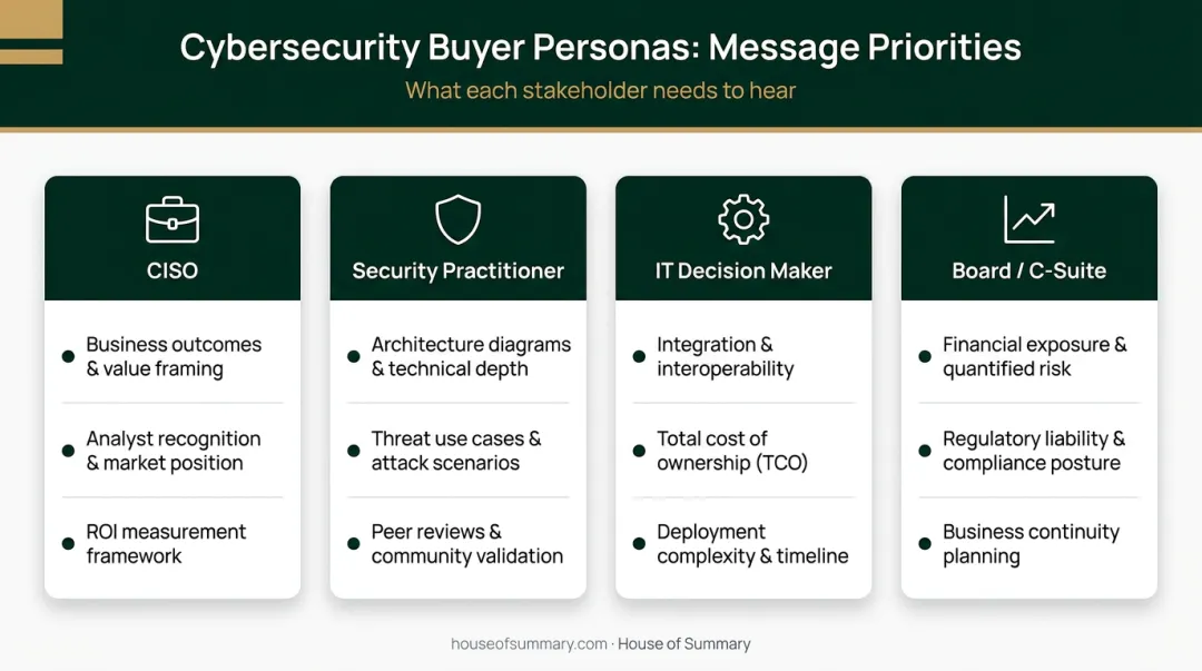 Four cybersecurity buyer personas with key messaging priorities comparison infographic