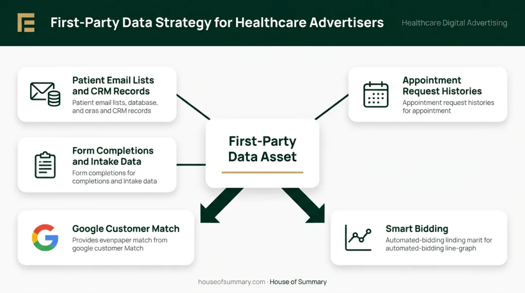 Healthcare first-party data sources feeding Google Customer Match and Smart Bidding strategy