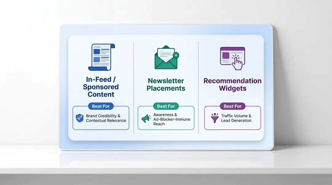 Three healthcare native ad format comparison chart in-feed newsletter recommendation widgets
