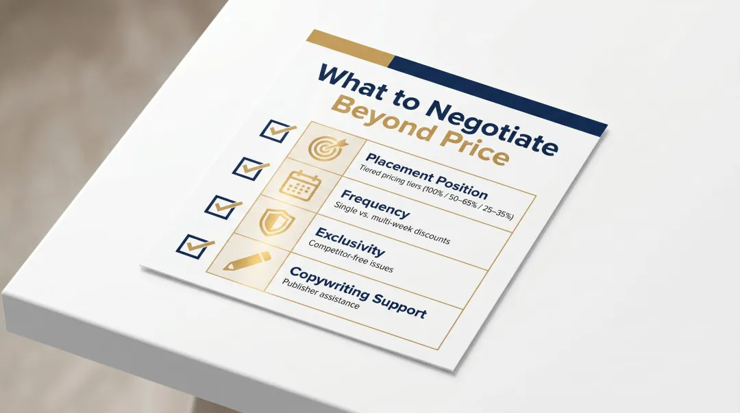 Newsletter ad placement negotiation checklist covering position frequency exclusivity and copywriting variables