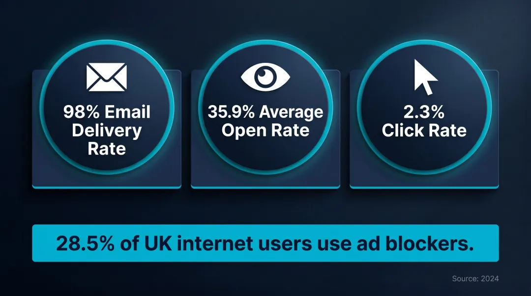 UK email marketing benchmarks comparing open rates click rates and ad blocker usage statistics