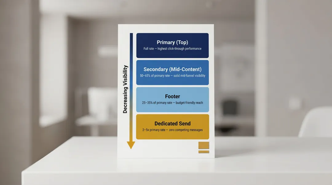 Newsletter ad placement position tiers comparing primary mid-content footer and dedicated send rates