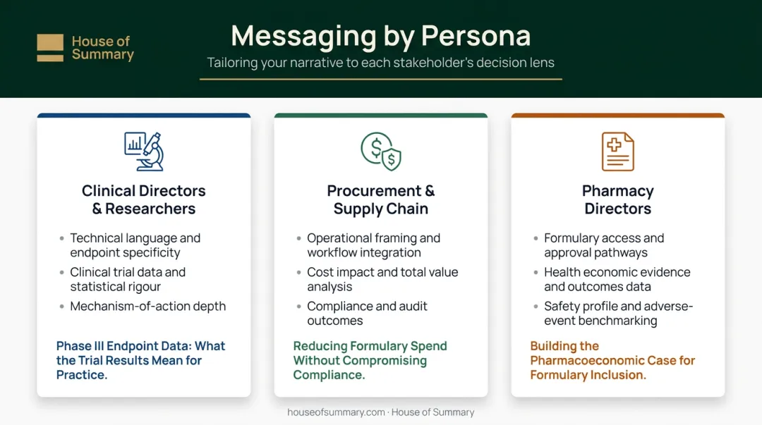 Biotech ad messaging variants by healthcare decision-maker persona and key focus area