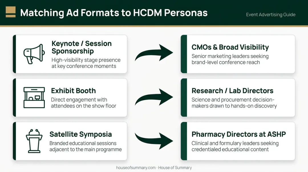 Healthcare conference advertising formats matched to decision-maker personas by event type