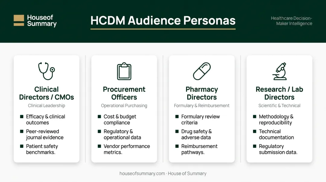Four healthcare decision-maker personas with media habits and purchase triggers