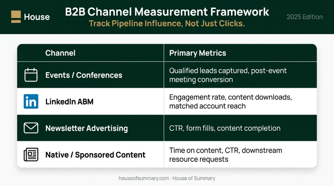 Biotech advertising channel metrics framework table for long sales cycle measurement