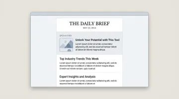 Premium newsletter email layout showing above-the-fold sponsored ad placement position