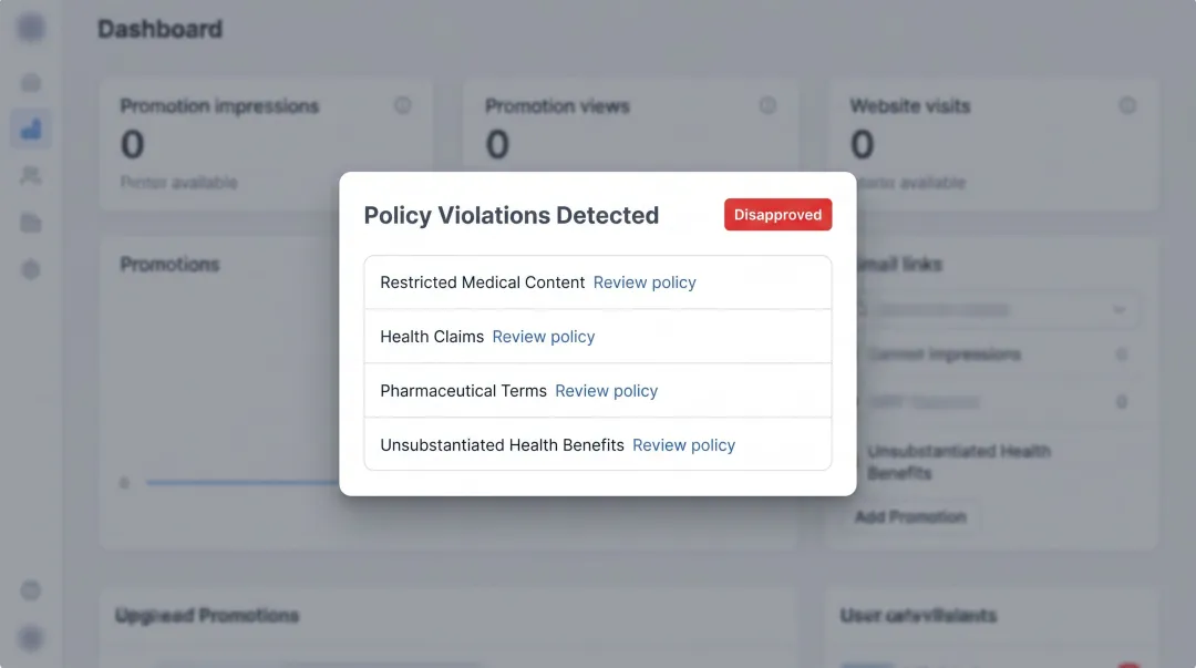 Women's health brand ad rejection notification on social media platform content moderation screen