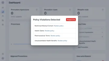 Women's health brand ad rejection notification on social media platform content moderation screen