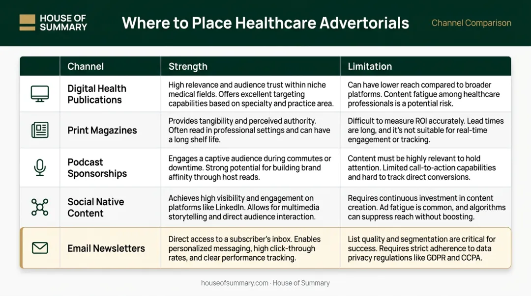 Healthcare advertorial channel comparison table rating strengths and limitations across five placements