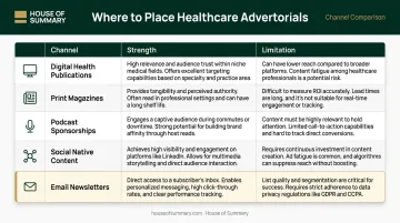 Healthcare advertorial channel comparison table rating strengths and limitations across five placements