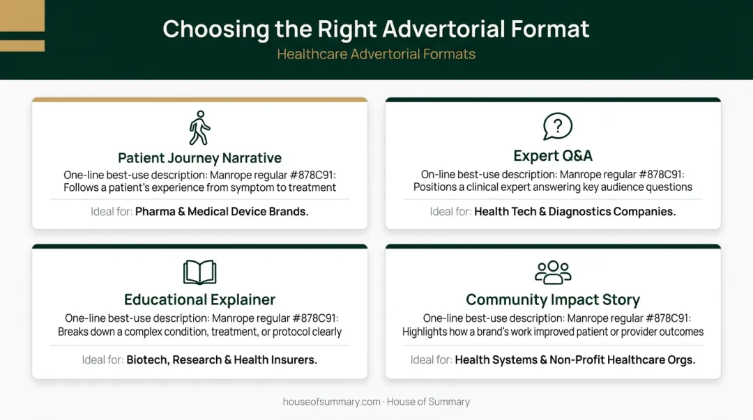 Four healthcare advertorial formats comparison chart with use cases and objectives