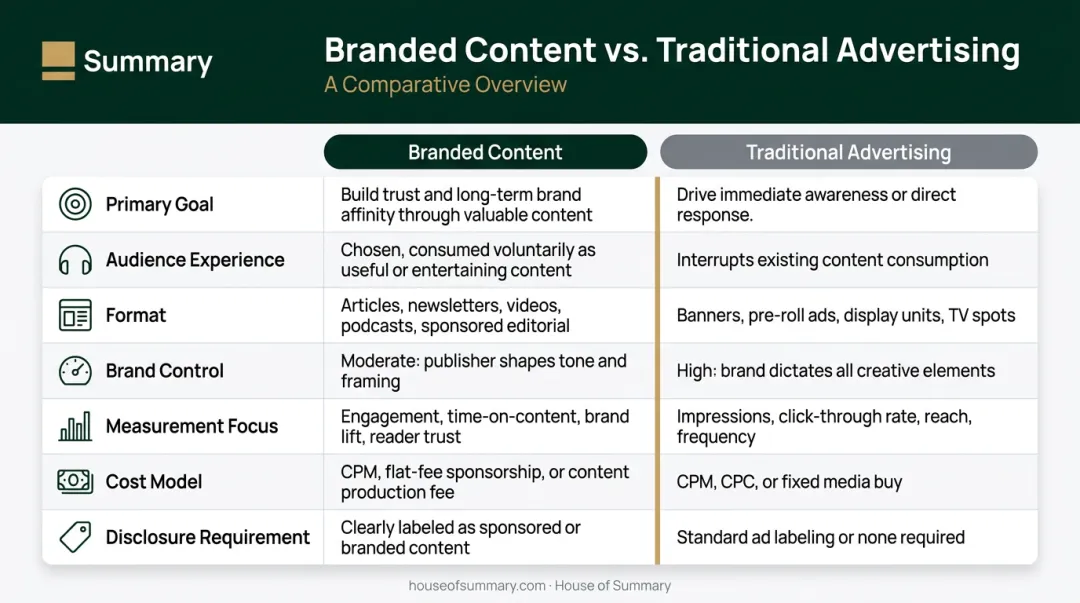 Branded content versus traditional advertising seven-dimension comparison infographic