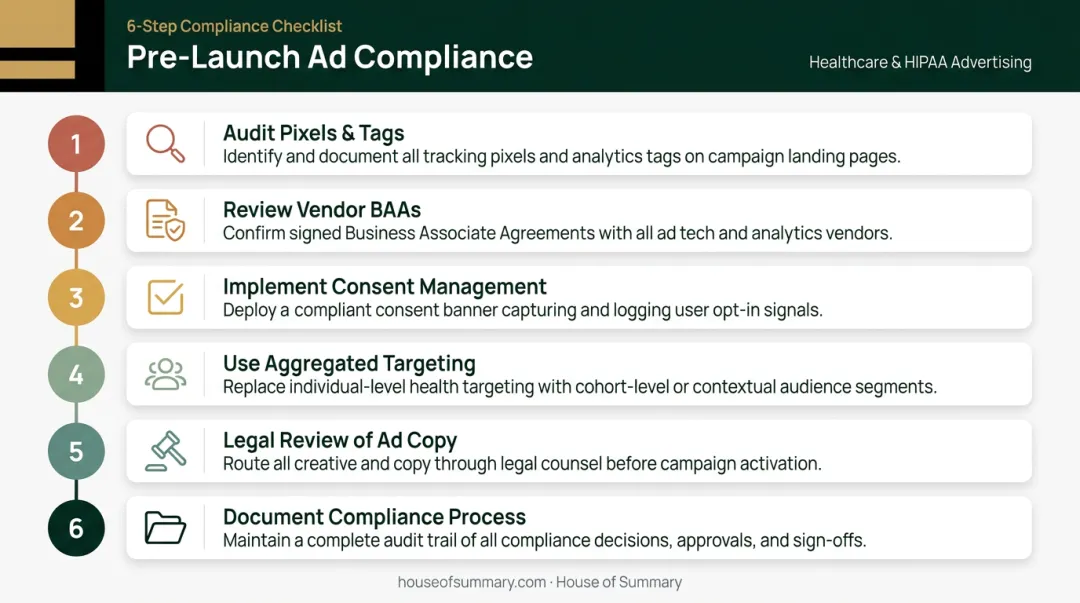 Six-step healthcare ad compliance checklist from pixel audit to documentation