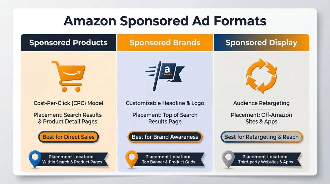 Amazon three sponsored ad formats overview Sponsored Products Brands Display