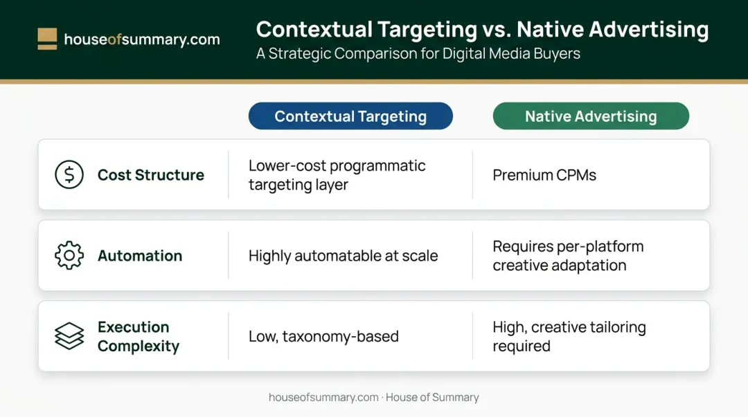 Contextual targeting versus native advertising cost and execution comparison table infographic