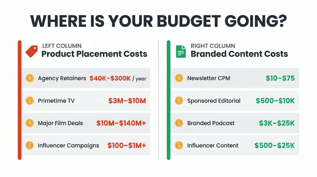 Product placement versus branded content cost comparison breakdown for D2C advertisers