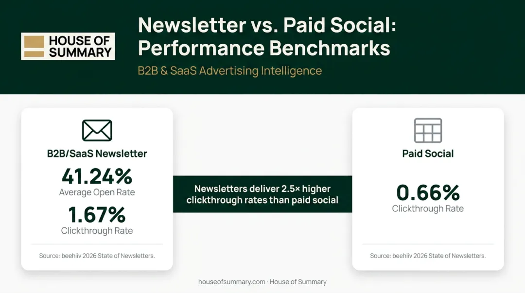 B2B newsletter versus paid social CTR benchmark comparison 1.67 percent vs 0.66 percent