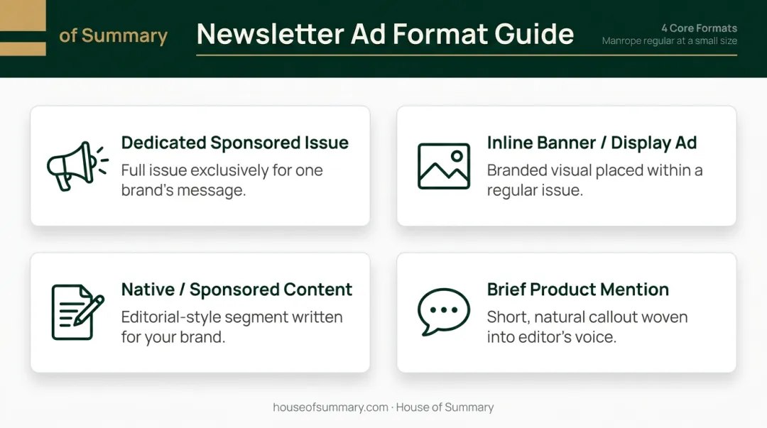 Four newsletter ad format types for B2B executive sponsorships comparison