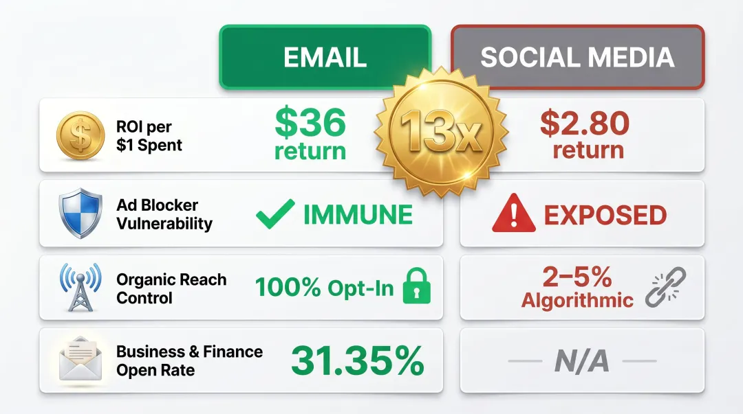 Email newsletter versus social media ROI performance comparison showing 13x advantage