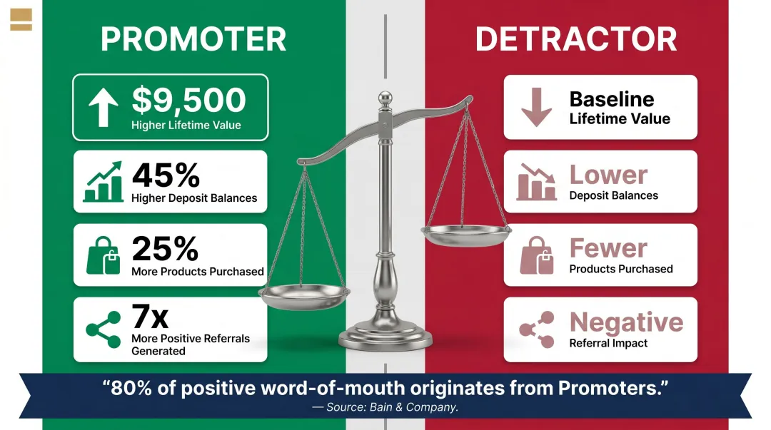 HNW promoter versus detractor lifetime value referral and retention difference breakdown