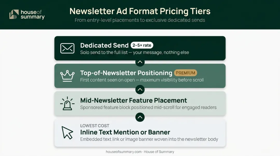 Four newsletter ad placement formats ranked by prominence and pricing tier