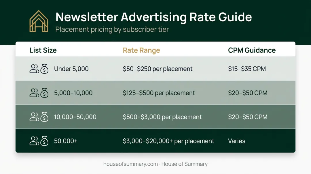 Newsletter sponsorship pricing tiers by subscriber count and CPM range infographic