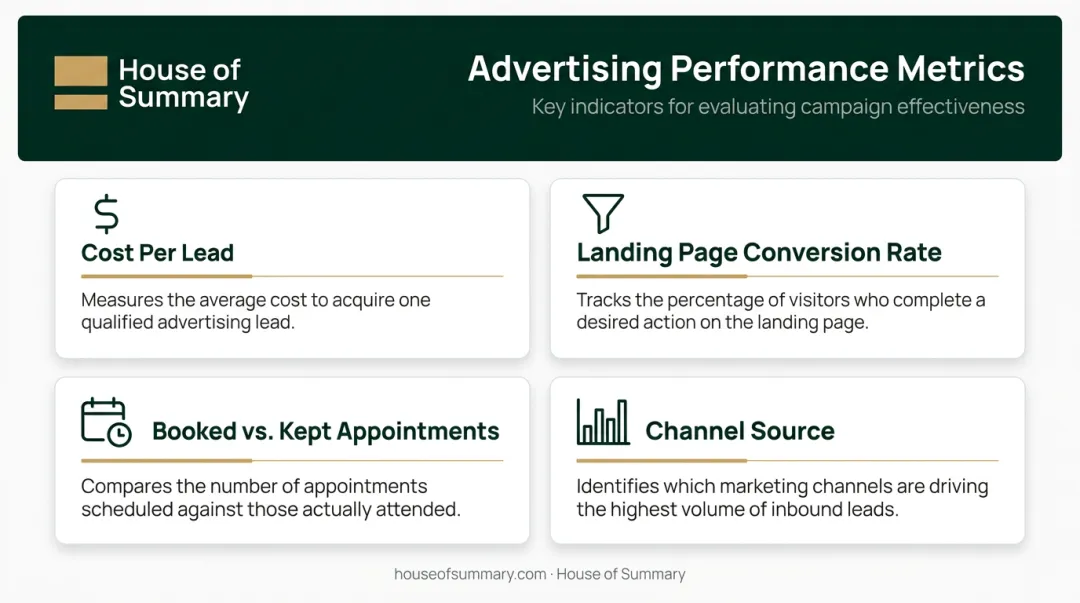 Four key clinic advertising ROI metrics dashboard with tracking indicators