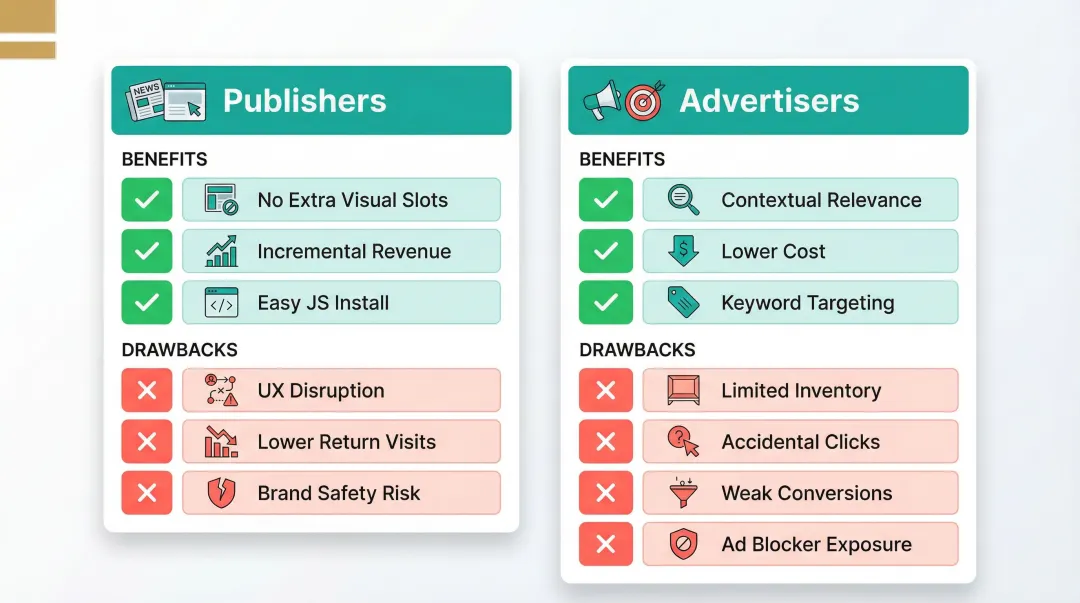 Publisher versus advertiser in-text advertising pros and cons comparison chart