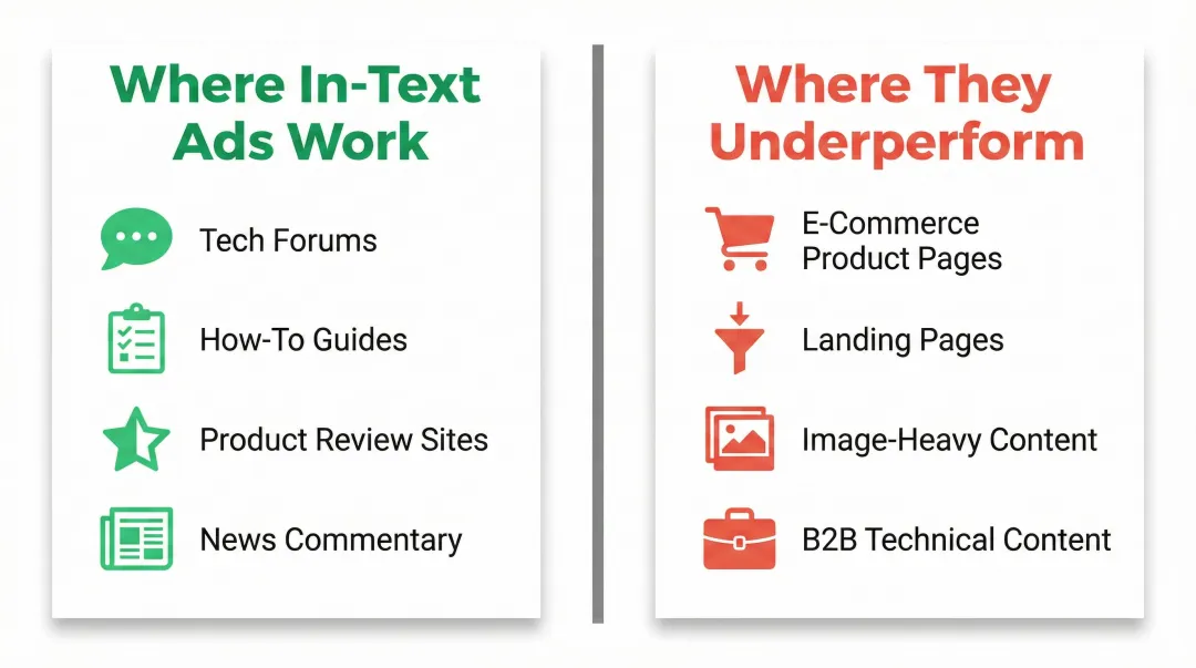 In-text advertising best fit versus poor fit content environment comparison infographic