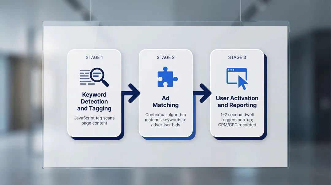 Three-stage in-text advertising delivery process from keyword tagging to ad activation