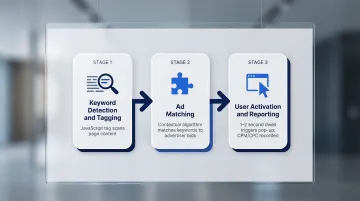 Three-stage in-text advertising delivery process from keyword tagging to ad activation
