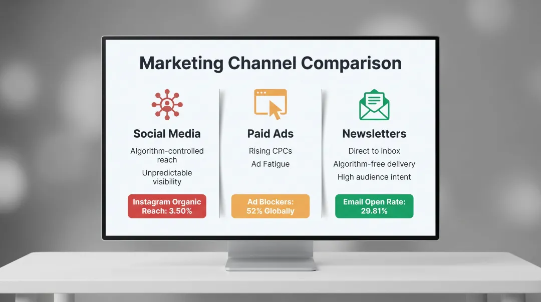 Newsletter versus social media versus paid ads channel reach comparison infographic